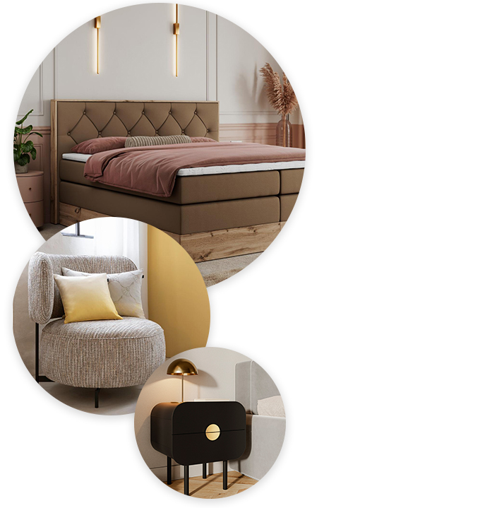 Collage britischer Charme im Schlafzimmer mit Chesterfield-Bett, Sessel und passendem Nachtschränkchen