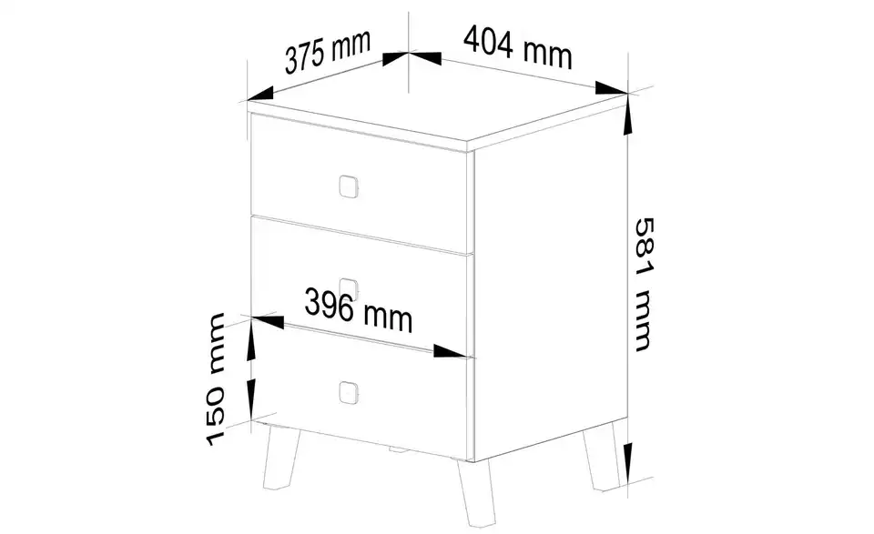 Nachttisch Lara mit 3 Schubladen, Bemaßung