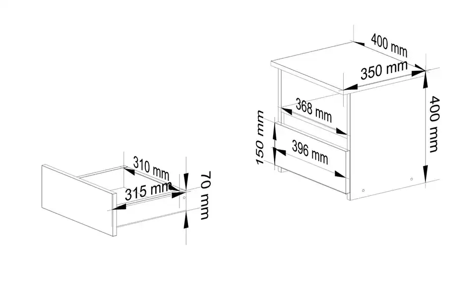 Nachttisch Carla, Bemaßung