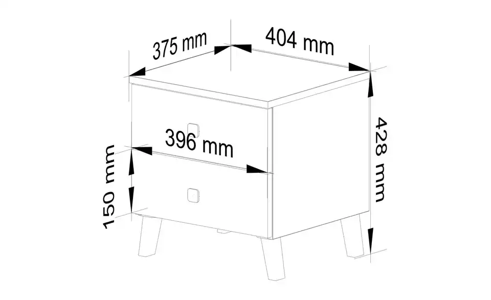 Nachttisch Luna mit 2 Schubladen, Bemaßung