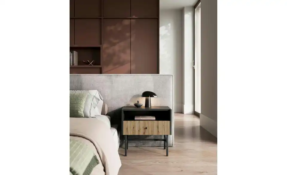 Selsey Nachtkommode Divenos mit schwarzem Kufengestell, in Wohnsituation