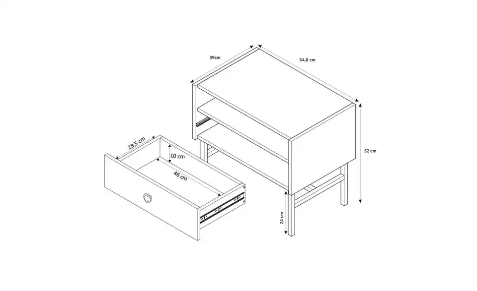 Selsey Nachtkommode Divenos mit schwarzem Kufengestell, Bemaßung