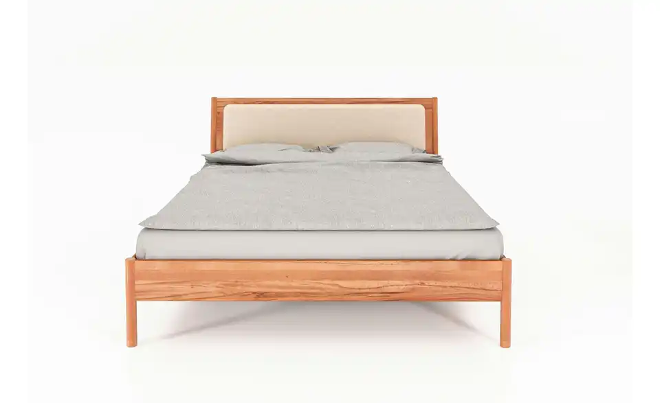 Massivholzbett Greta mit gepolstertem Kopfteil, Frontansicht
