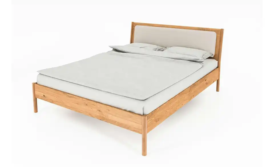 Massivholzbett Greta mit gepolstertem Kopfteil, Perspektive