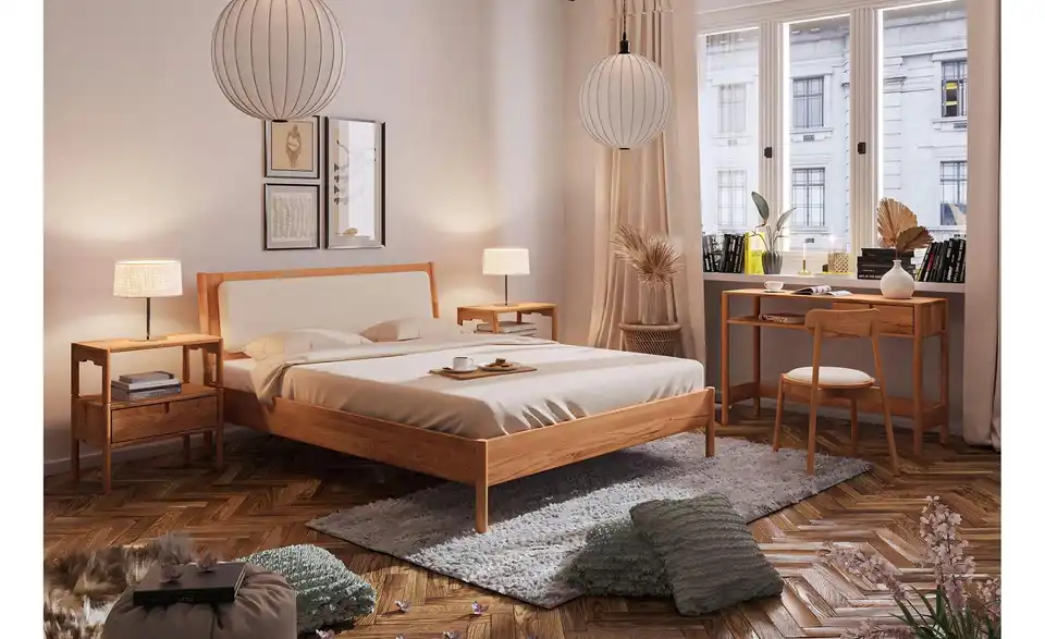 Massivholzbett Greta mit gepolstertem Kopfteil, in Wohnsituation