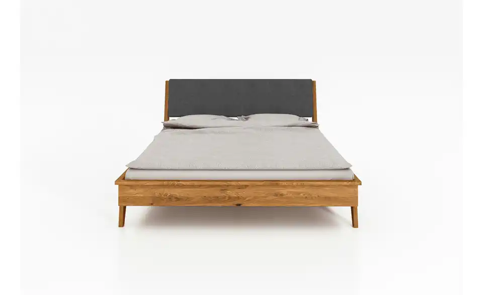 Massivholzbett Hugo mit gepolstertem Kopfteil, Frontansicht