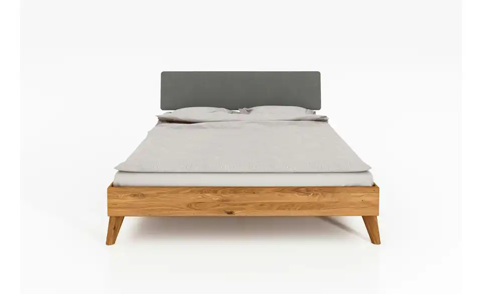 Massivholzbett mit gepolstertem Kopfteil, Frontansicht
