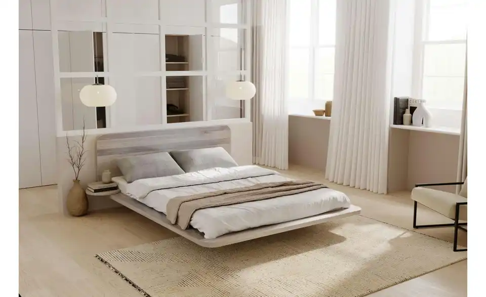 Massivholzbett Japandic Eiche Bianco, in Wohnsituation