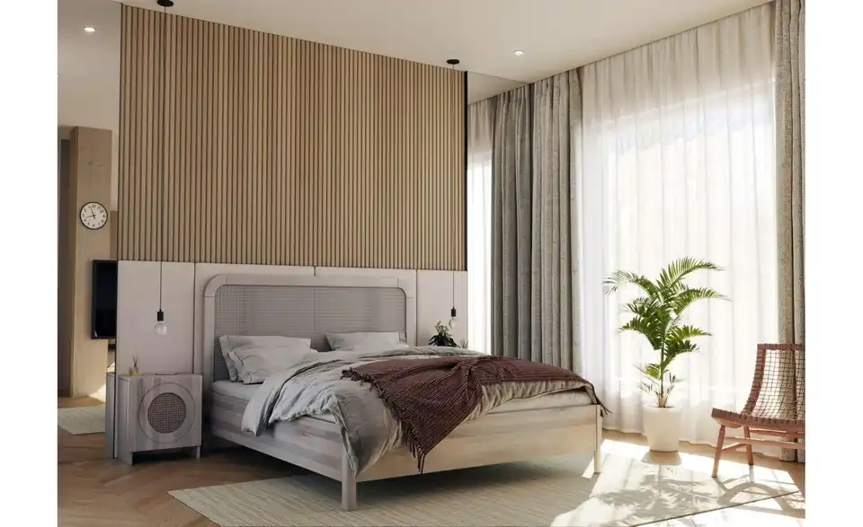 Massivholzbett Harmark Eiche Bianco, in Wohnsituation