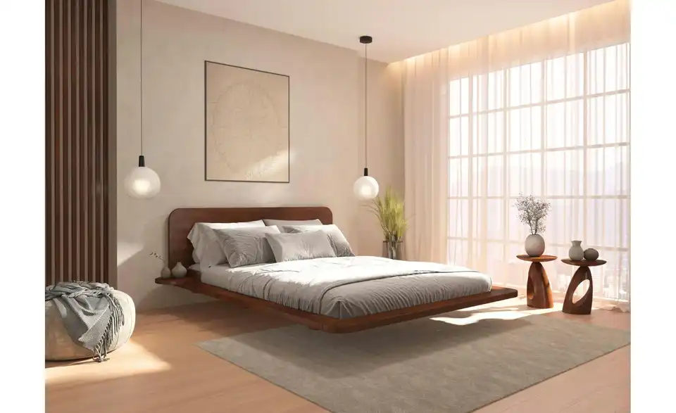 Massivholzbett Japandic nussbaumfarben, in Wohnsituation