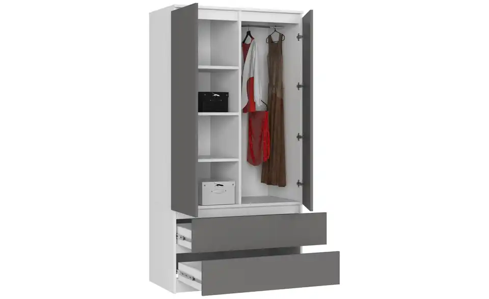 Drehtürenschrank Oda mit 2 Schubladen, geöffnet