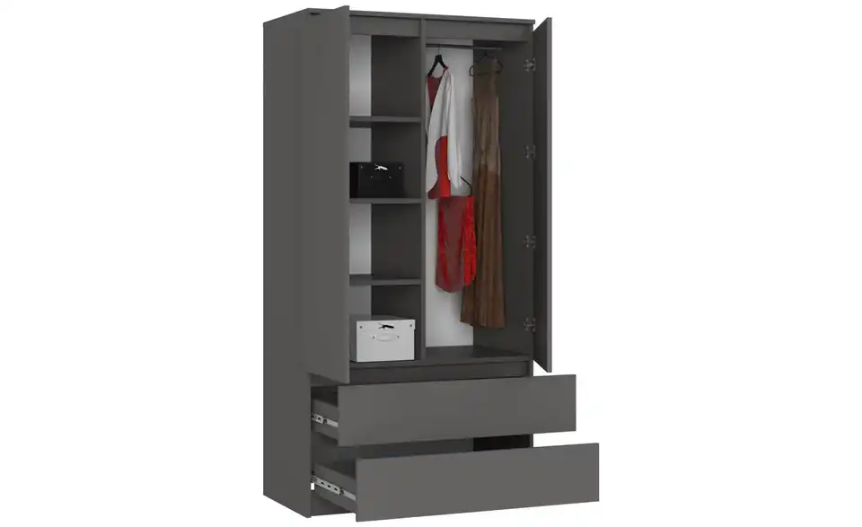 Drehtürenschrank Oda mit 2 Schubladen, geöffnet