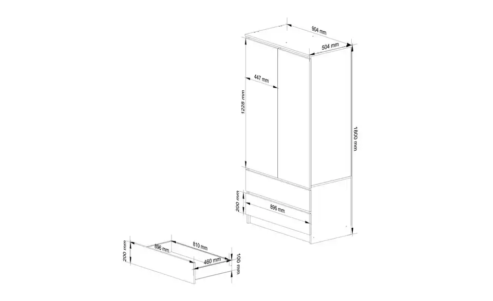 Drehtürenschrank Oda mit 2 Schubladen, Bemaßung