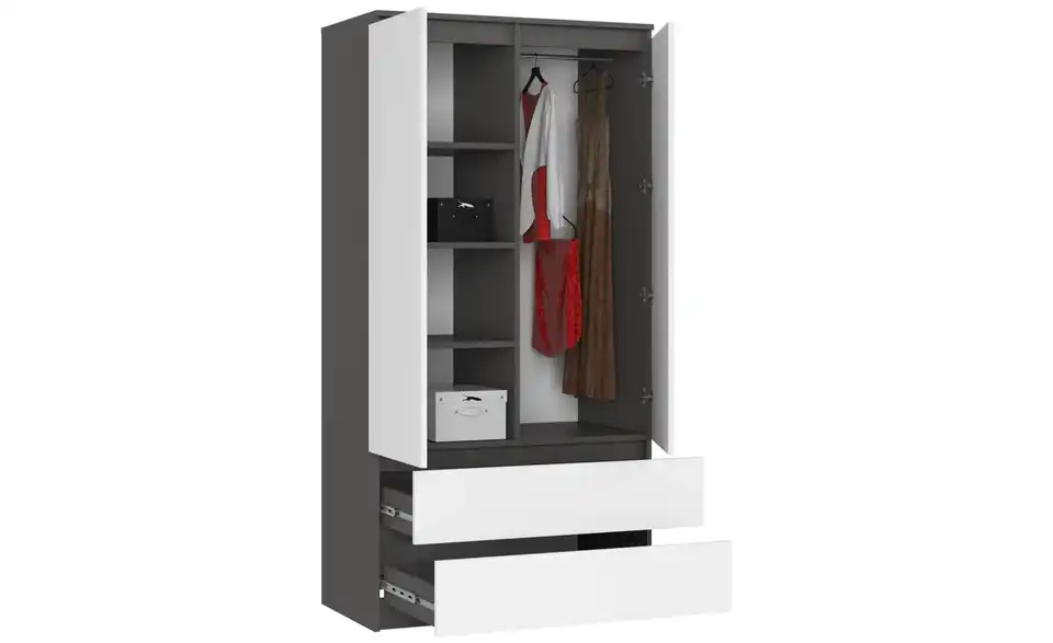 Drehtürenschrank Oda mit 2 Schubladen, geöffnet