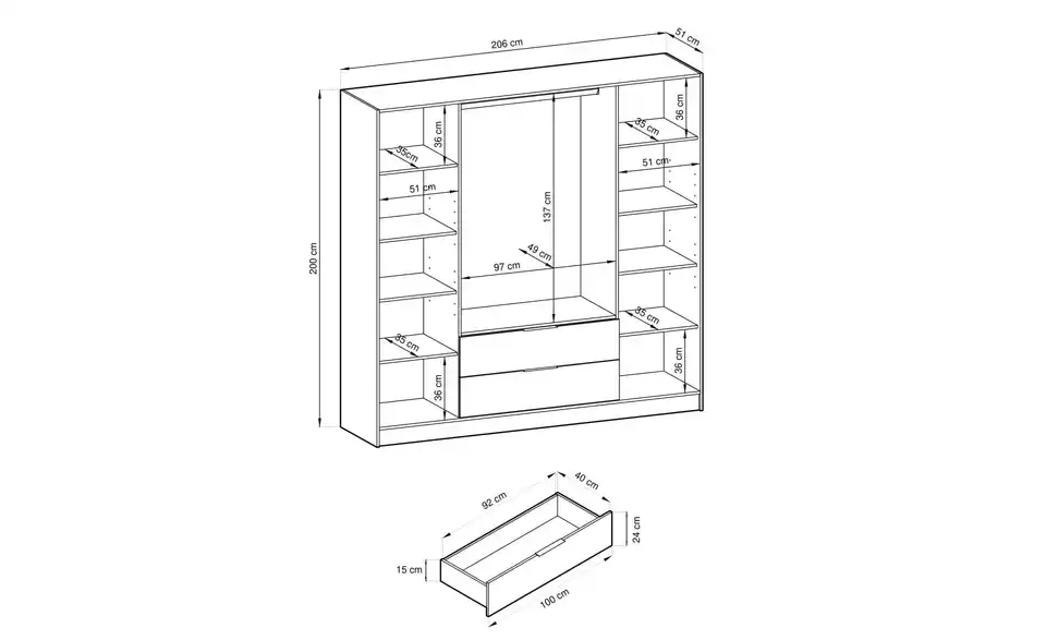 Drehtürenschrank Nelly, Bemaßung