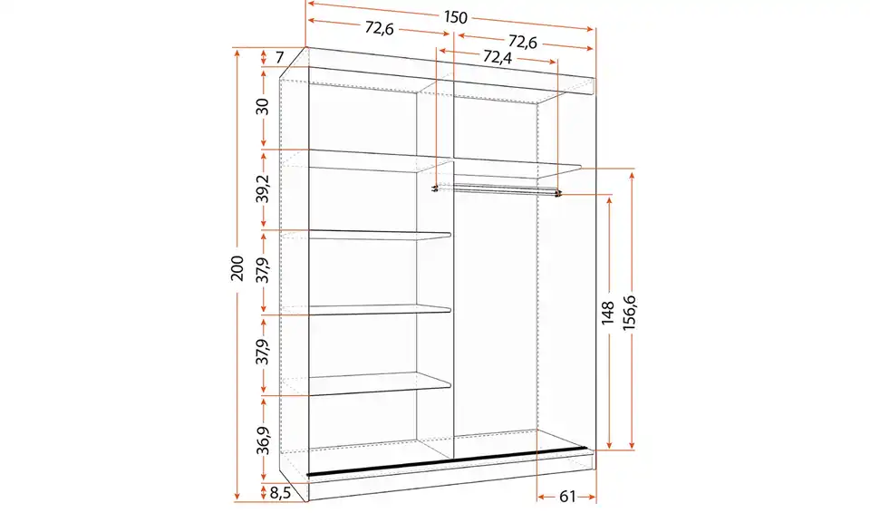Schwebetürenschrank Vista 2-türig, Bemaßung