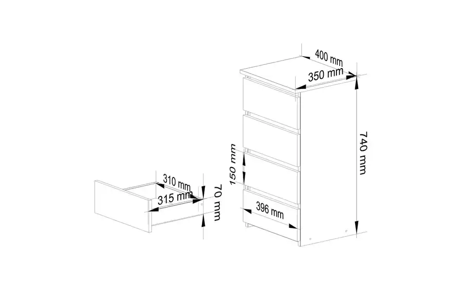 Kommode Carlo mit 4 Schubladen, Bemaßung