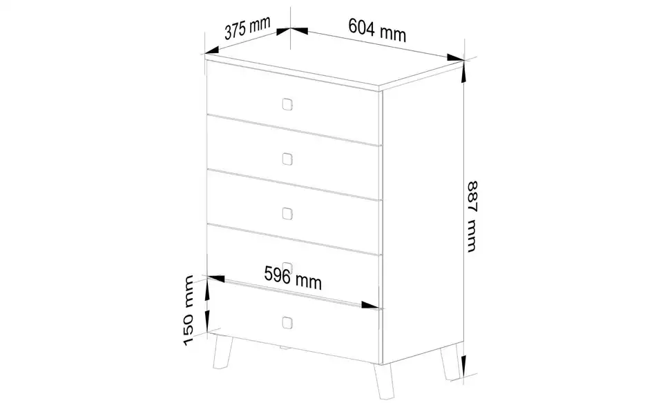 Kommode Lara mit 5 Schubladen, Bemaßung