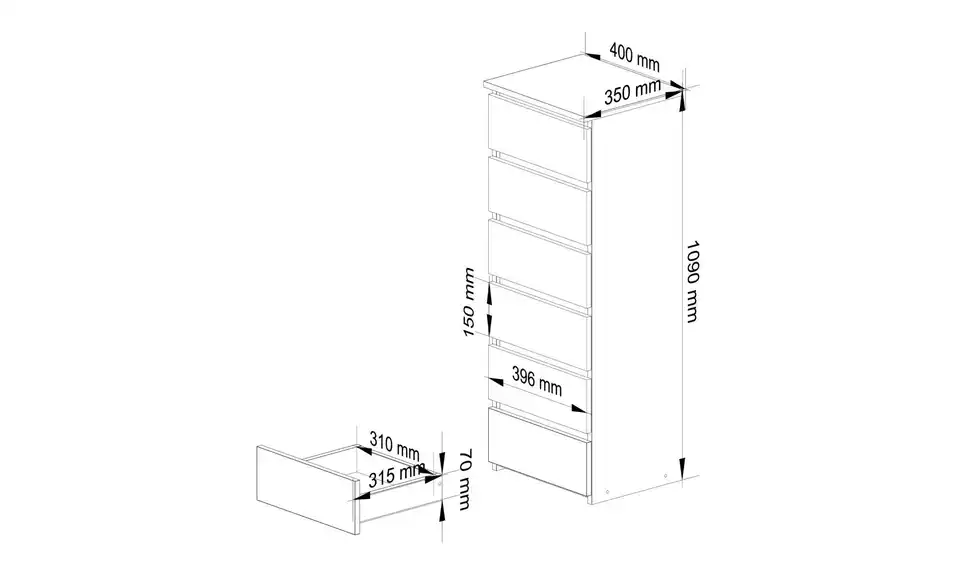 Kommode Carlo mit 6 Schubladen, Bemaßung