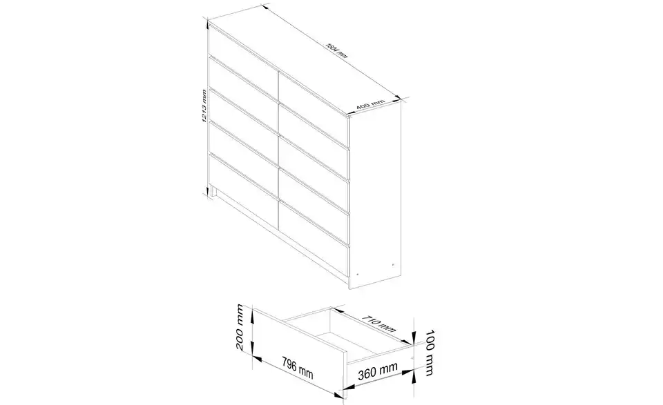 Kommode Kate 160 cm breit, Bemaßung