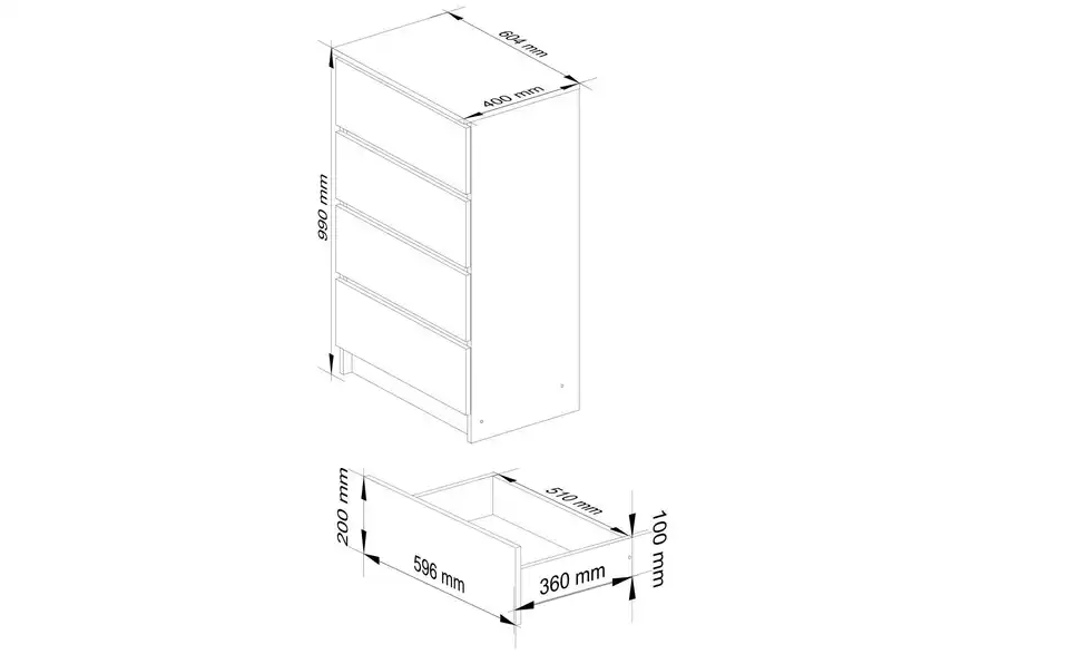 Kommode Kai mit 4 Schubladen, Bemaßung