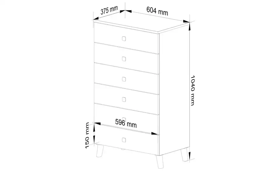 Kommode Lara mit 6 Schubladen, Bemaßung