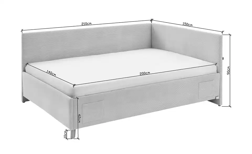 Polsterbett Cool in Cord, Bemaßung