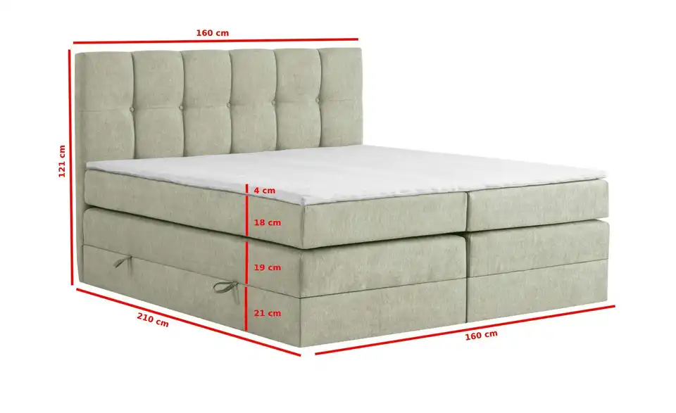Boxspringbett Leeds mit Bettkasten, Bemaßung