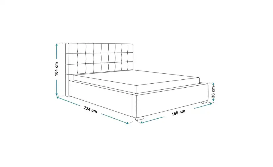 Polsterbett Crawley mit Stauraum, Bemaßung