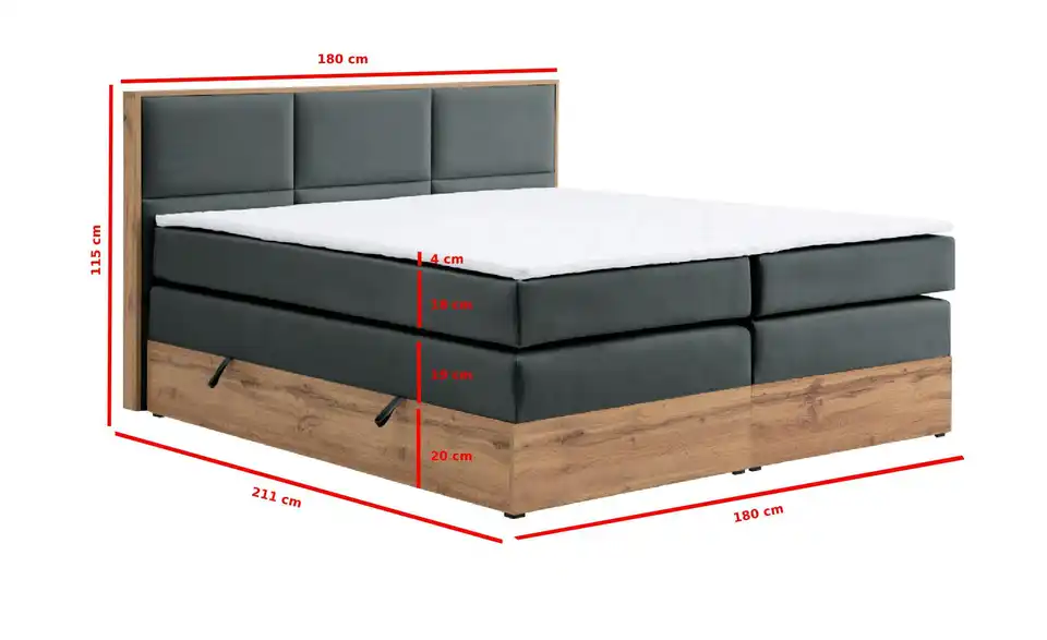 Boxspringbett Vancouver mit Bettkasten, Bemaßung