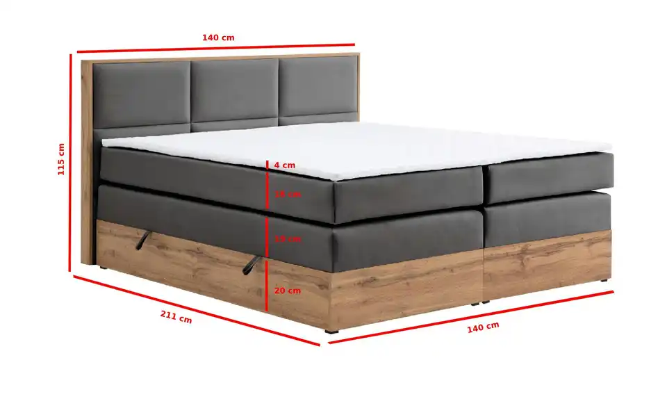 Boxspringbett Vancouver mit Bettkasten, Bemaßung