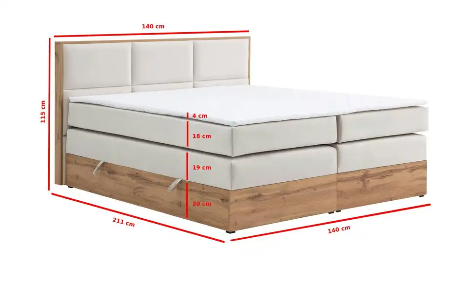 Boxspringbett Vancouver mit Bettkasten, Bemaßung