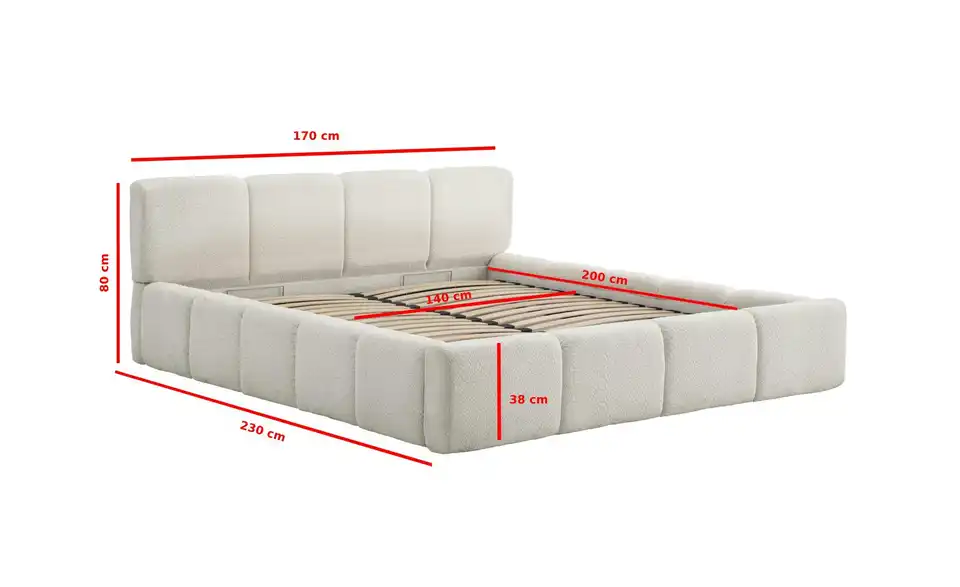 Polsterbett Palma in cremefarbenem Bouclé, Bemaßung