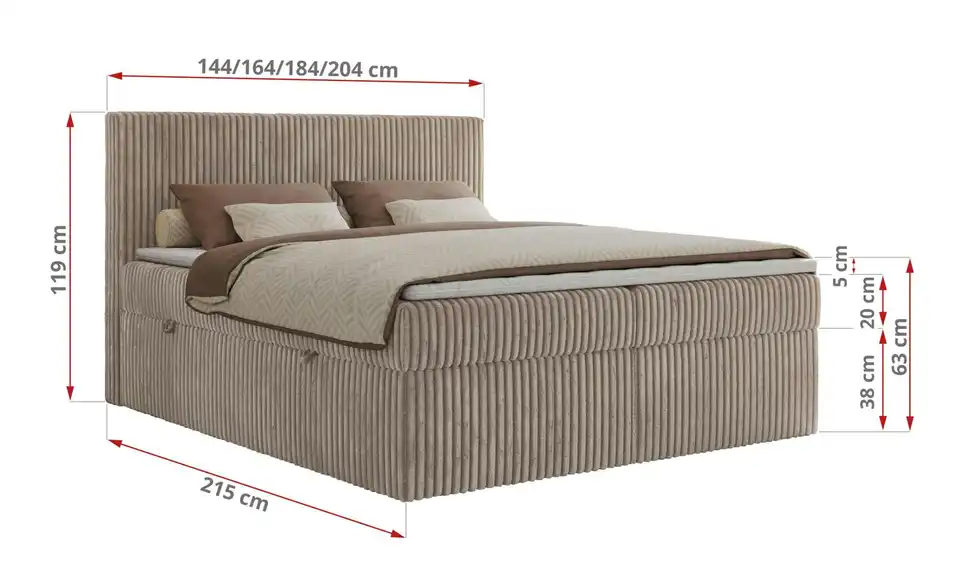 Boxbett Tiliano mit Bettkasten, Bemaßung