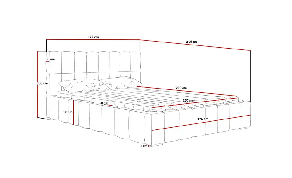 Polsterbett mit Stauraum Ayr, Bemaßung