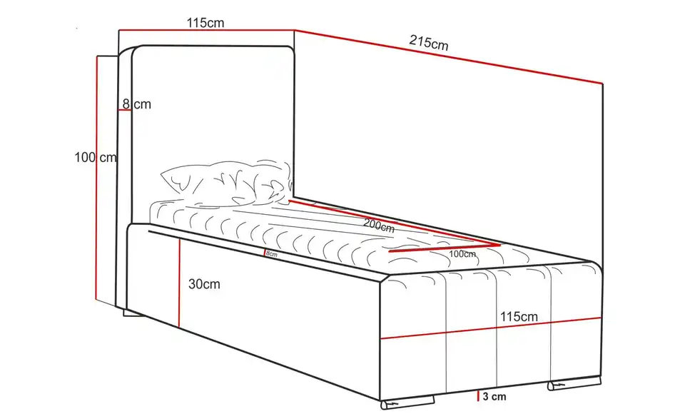 Polsterbett mit Stauraum Ayr, Bemaßung