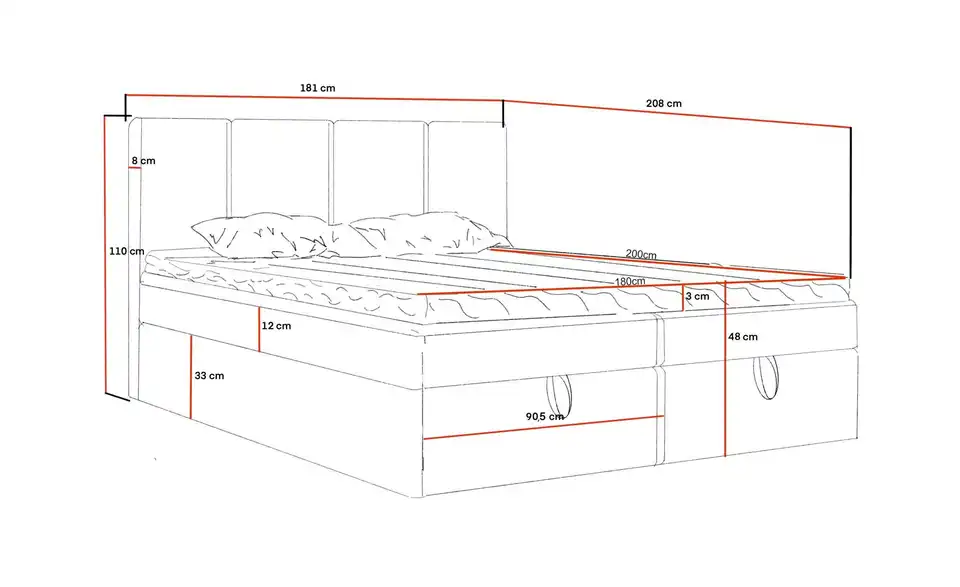 Boxbett mit Stauraum Macclesfield, Bemaßung