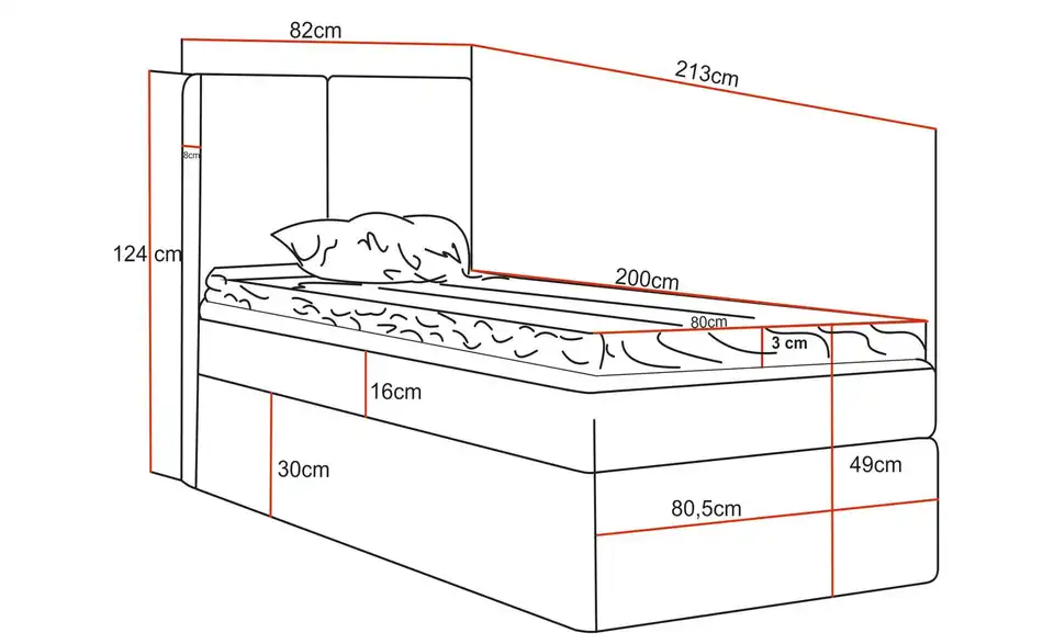 Boxbett mit Stauraum Nero Box, Bemaßung