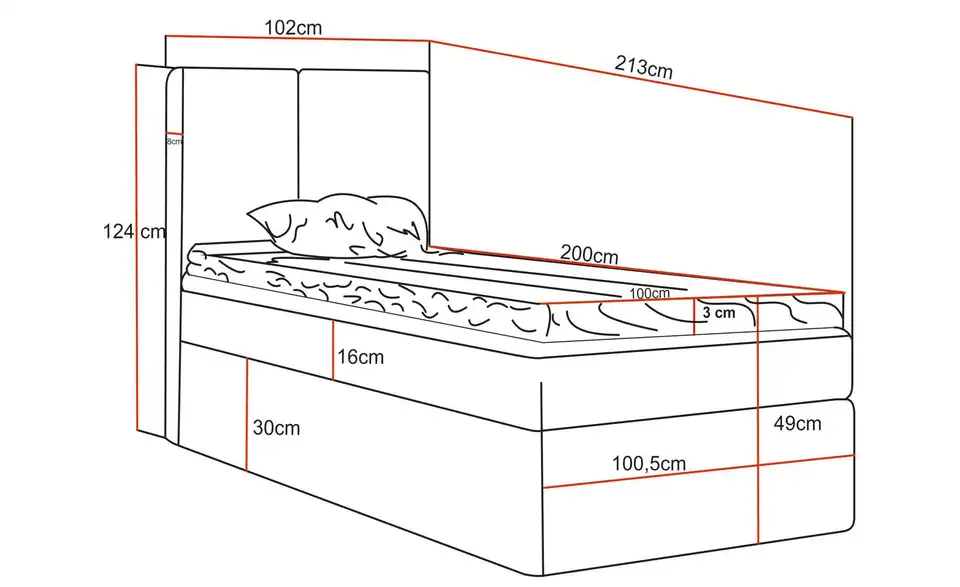 Boxbett mit Stauraum Nero Box, Bemaßung
