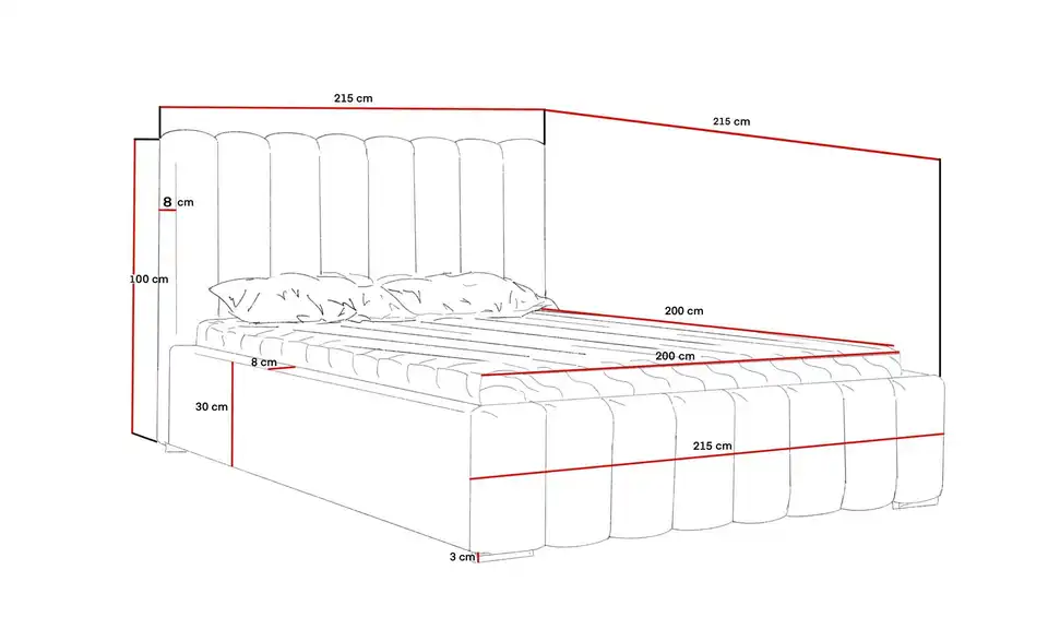 Polsterbett mit Stauraum Nelia, Bemaßung