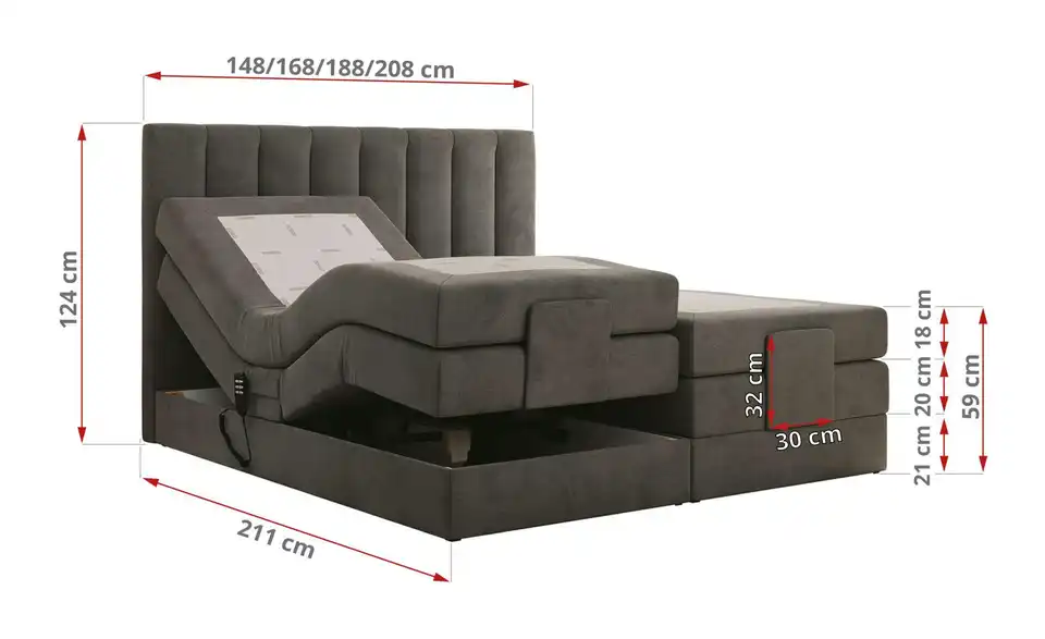 Motor Boxspringbett Comforto mit Bettkasten, Bemaßung