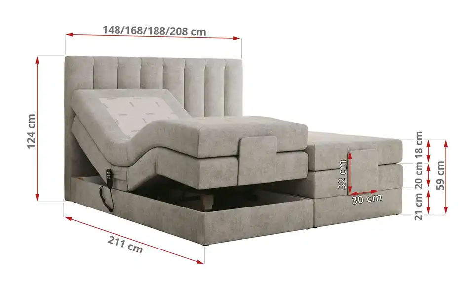 Motor Boxspringbett Comforto mit Bettkasten, Bemaßung