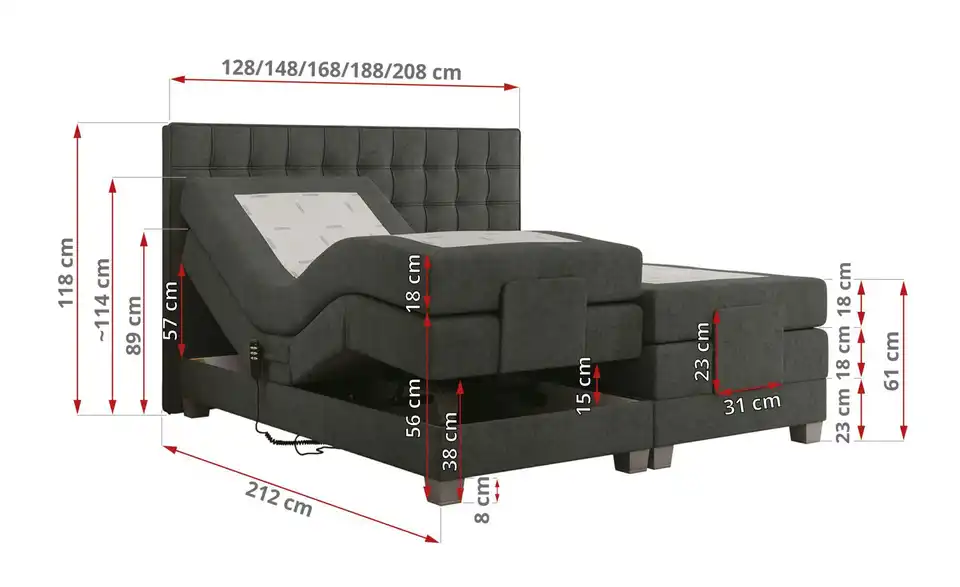 Motor Boxspringbett Elektro mit Bettkasten, Bemaßung