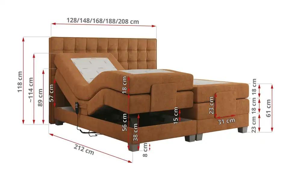 Motor Boxspringbett Elektro mit Bettkasten, Bemaßung