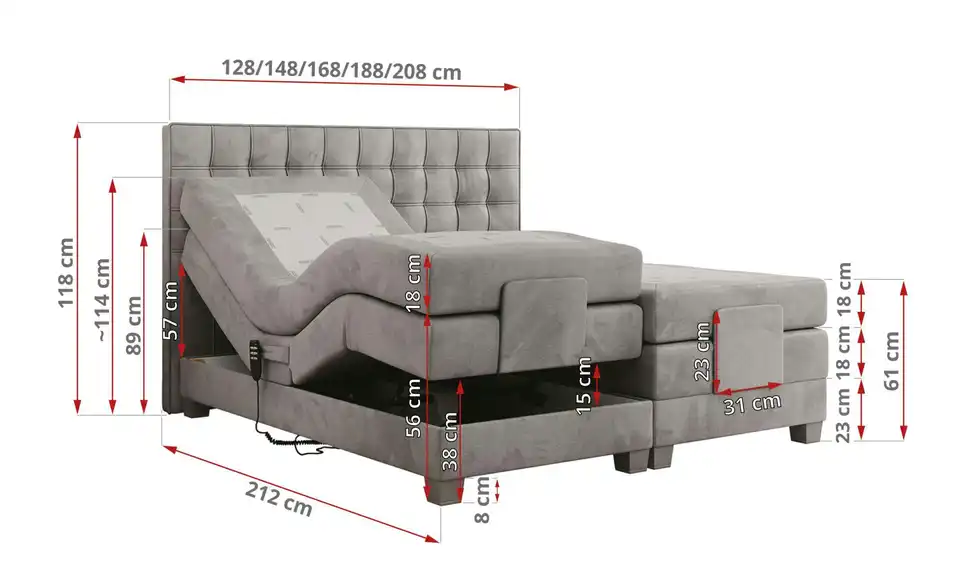 Motor Boxspringbett Elektro mit Bettkasten, Bemaßung