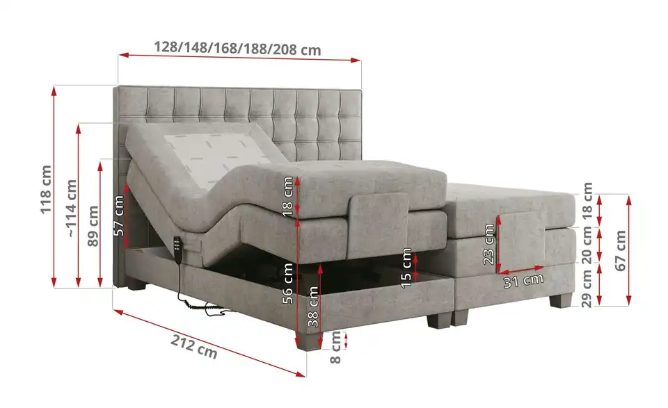 Motor Boxspringbett Elektro mit Bettkasten, Bemaßung