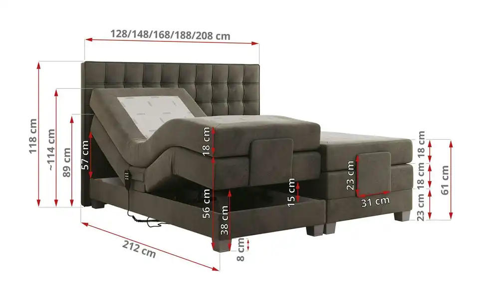 Motor Boxspringbett Elektro mit Bettkasten, Bemaßung