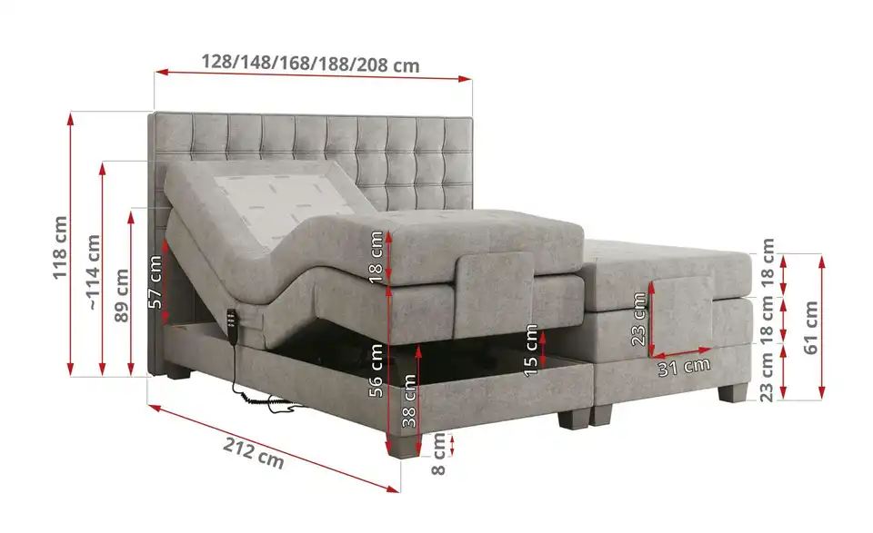 Motor Boxspringbett Elektro mit Bettkasten, Bemaßung