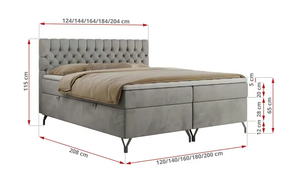 Boxbett Grimaldi mit Bettkasten, Bemaßung