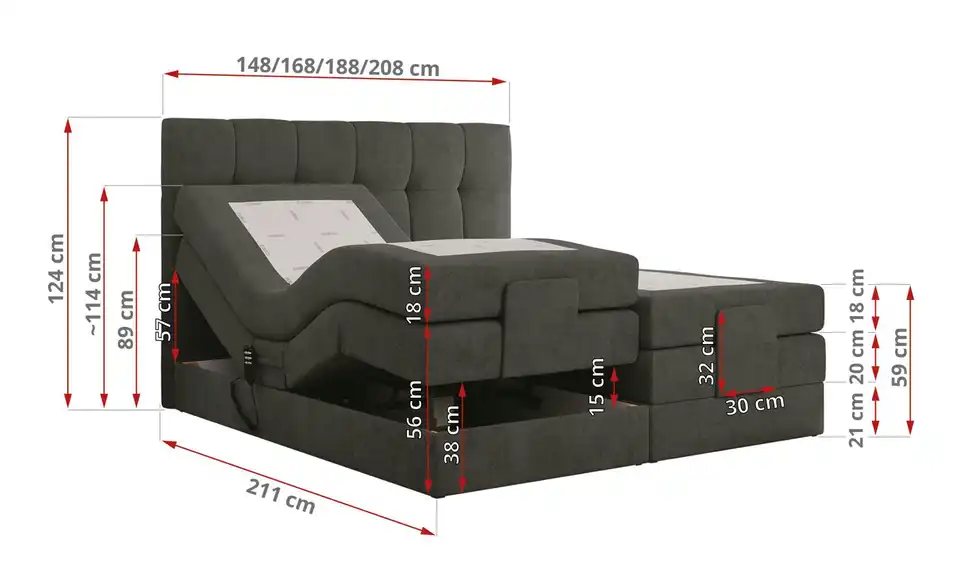 Motor Boxspringbett Vittoria mit Bettkasten, Bemaßung